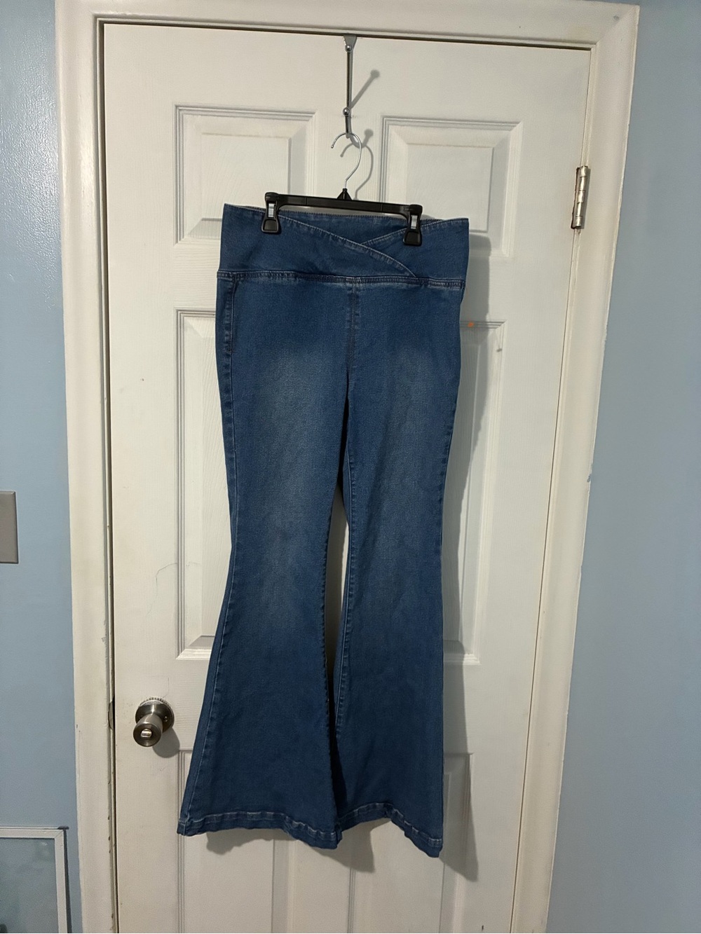 Vanilla Star Medium Blue Flare Jeans with Crossover Waistband